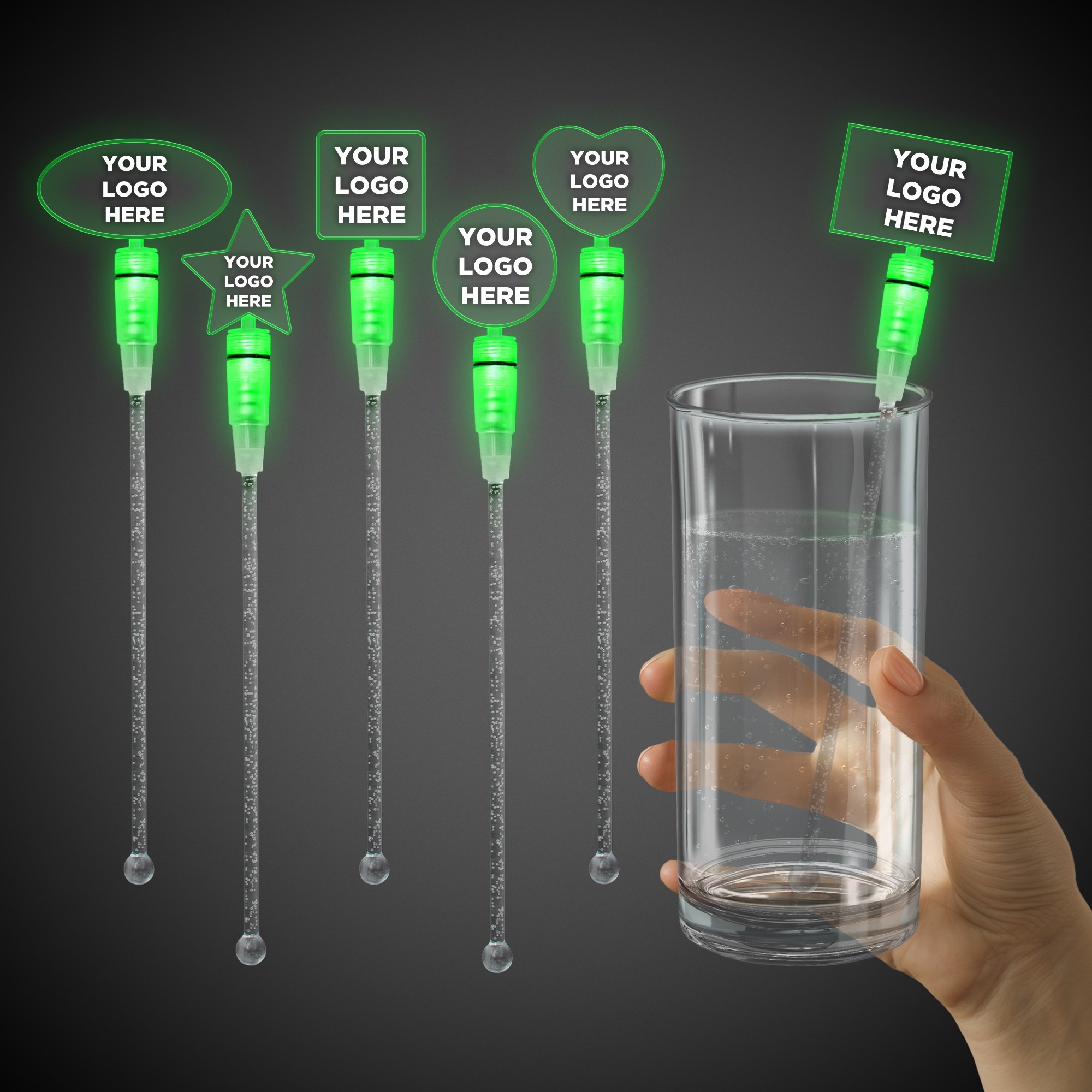 Green Light Up Cocktail Stirrers - Variety of Shapes