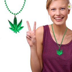 33" 7MM Green Bead with Leaf Metallic Necklace